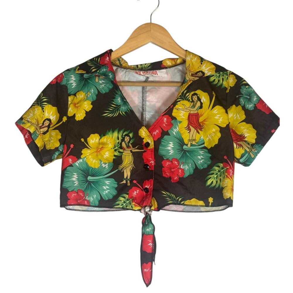 Ace Ventura Pet Detective Hula Girl Hawaiian Crop Top Small Tropical Tie Front
